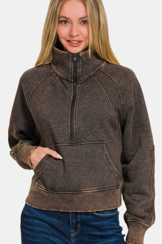 Zenana Acid Washed Half Zip Fleece Sweatshirt us.meeeshop - Shirts & Tops