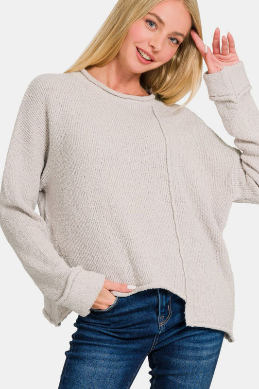 Zenana Asymmetric Hem Drop Shoulder Sweater us.meeeshop - Shirts & Tops