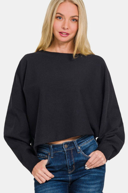 Zenana Asymmetric Hem Long Sleeve Sweater In Black us.meeeshop - Shirts & Tops