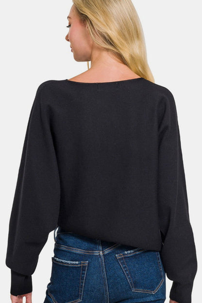 Zenana Asymmetric Hem Long Sleeve Sweater In Black us.meeeshop - 