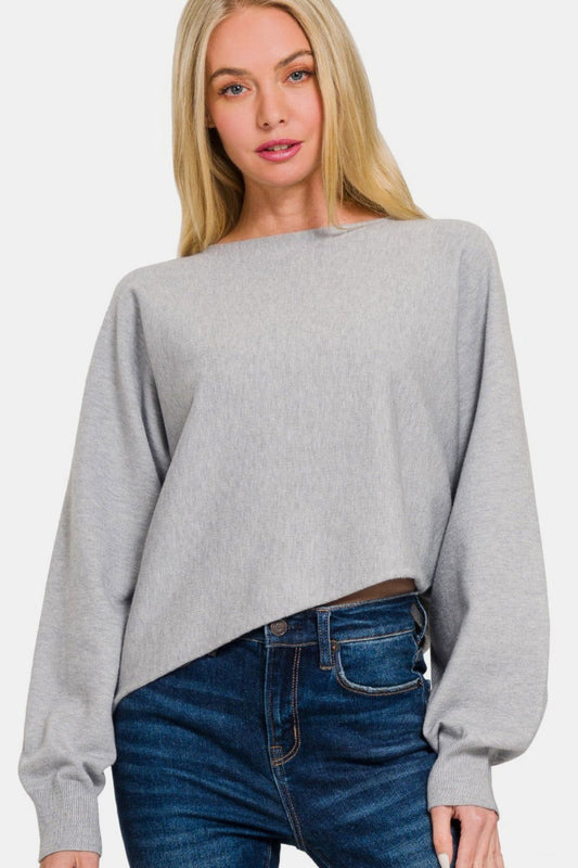 Zenana Asymmetric Hem Long Sleeve Sweater In Grey us.meeeshop - Shirts & Tops