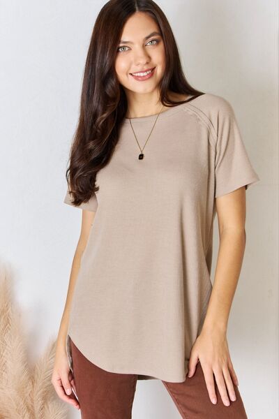 Zenana Baby Waffle Short Sleeve Slit High-Low T-Shirt us.meeeshop - Shirts & Tops