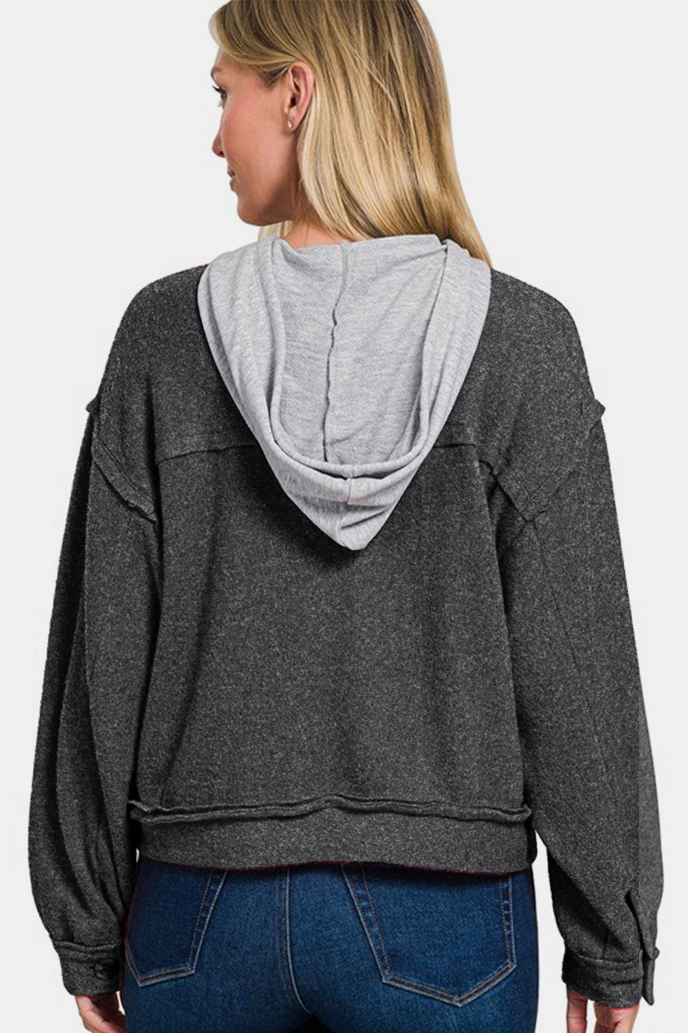 Zenana Brushed Hacci Button Down Drawstring Hooded Shacket us.meeeshop - 