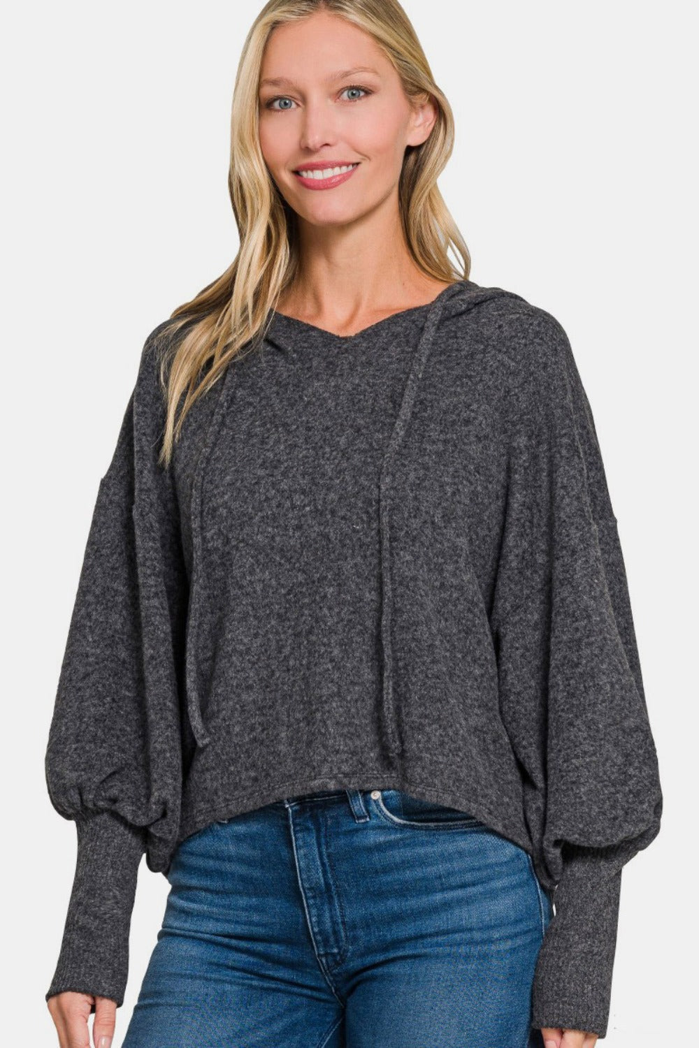 Zenana Brushed Hacci Drop Shoulder Cropped Hoodie In Black us.meeeshop - Shirts & Tops