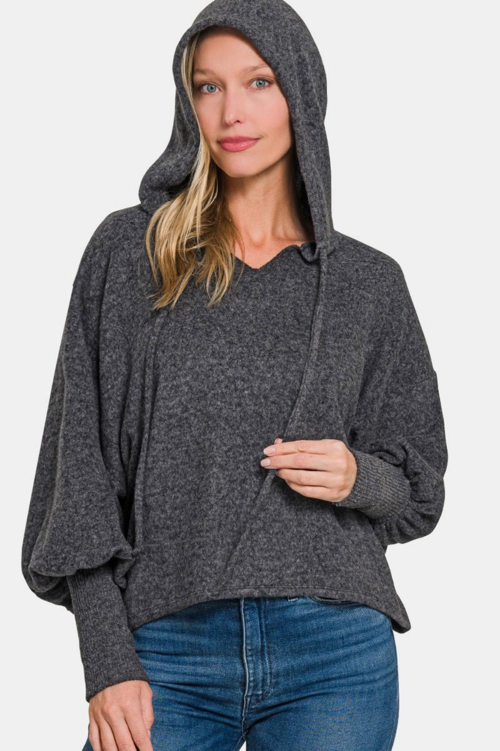 Zenana Brushed Hacci Drop Shoulder Cropped Hoodie In Black us.meeeshop - 