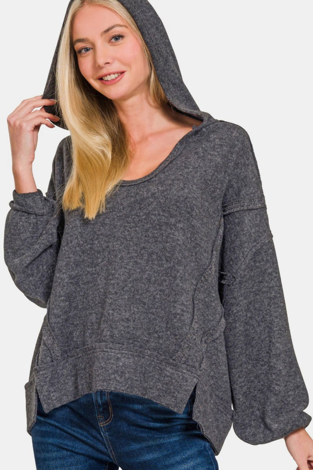 Zenana Brushed Hacci Exposed Seam Hoodie us.meeeshop - 