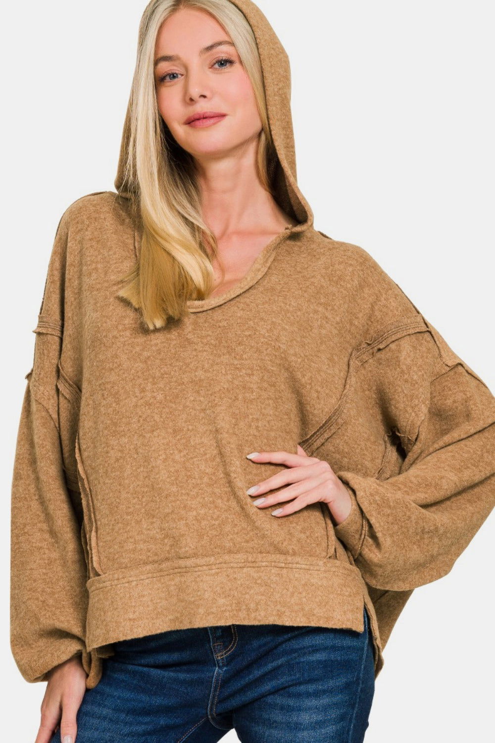 Zenana Brushed Hacci Exposed Seam Hoodie us.meeeshop - 