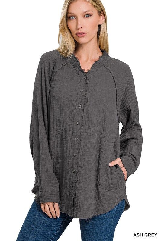 Zenana Button Down Raw Edge Shirts us.meeeshop - 