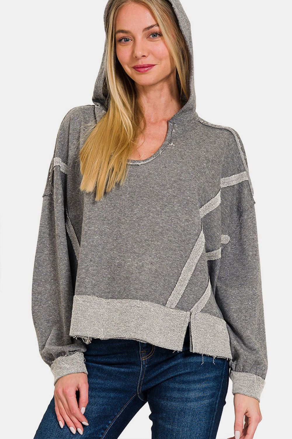 Zenana Contrast Trim Slit Hoodie us.meeeshop - Shirts & Tops