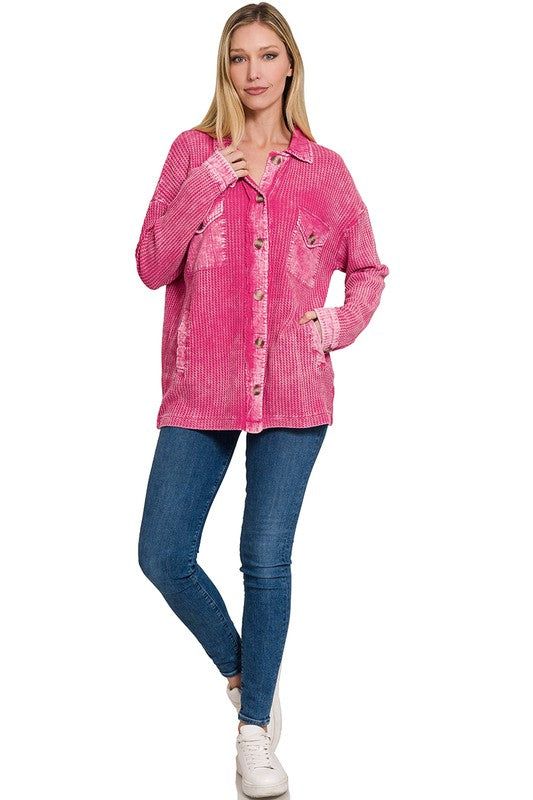 Zenana Cotton Waffle Acid Wash Shacket us.meeeshop - 