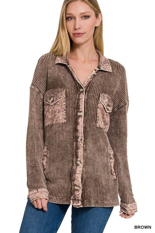 Zenana Cotton Waffle Acid Wash Shacket us.meeeshop - 