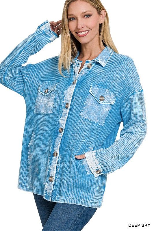 Zenana Cotton Waffle Acid Wash Shacket us.meeeshop - 