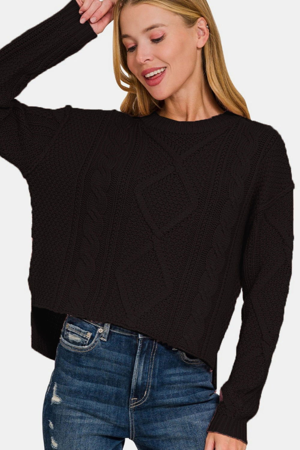 Zenana Cropped High Low Cable Sweater with Side Slits us.meeeshop - 