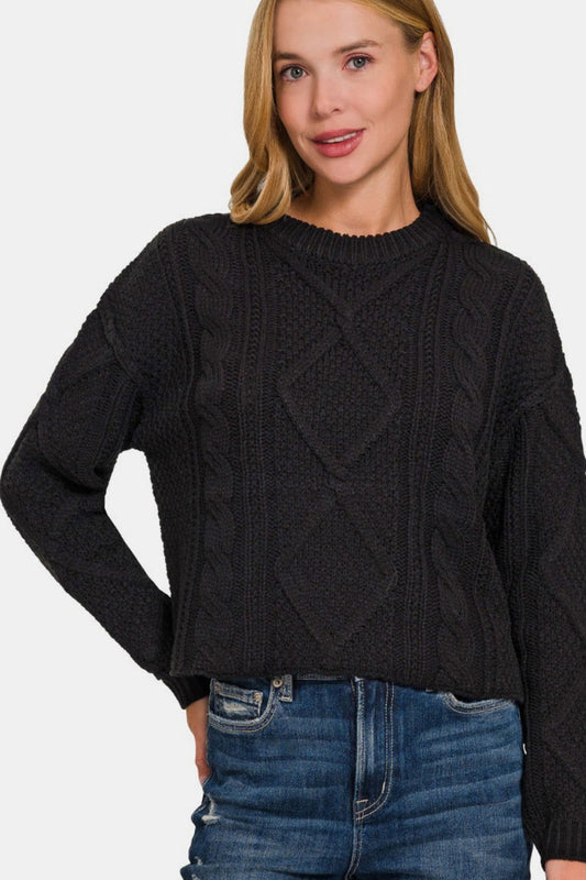 Zenana Cropped High Low Cable Sweater with Side Slits us.meeeshop - Shirts & Tops