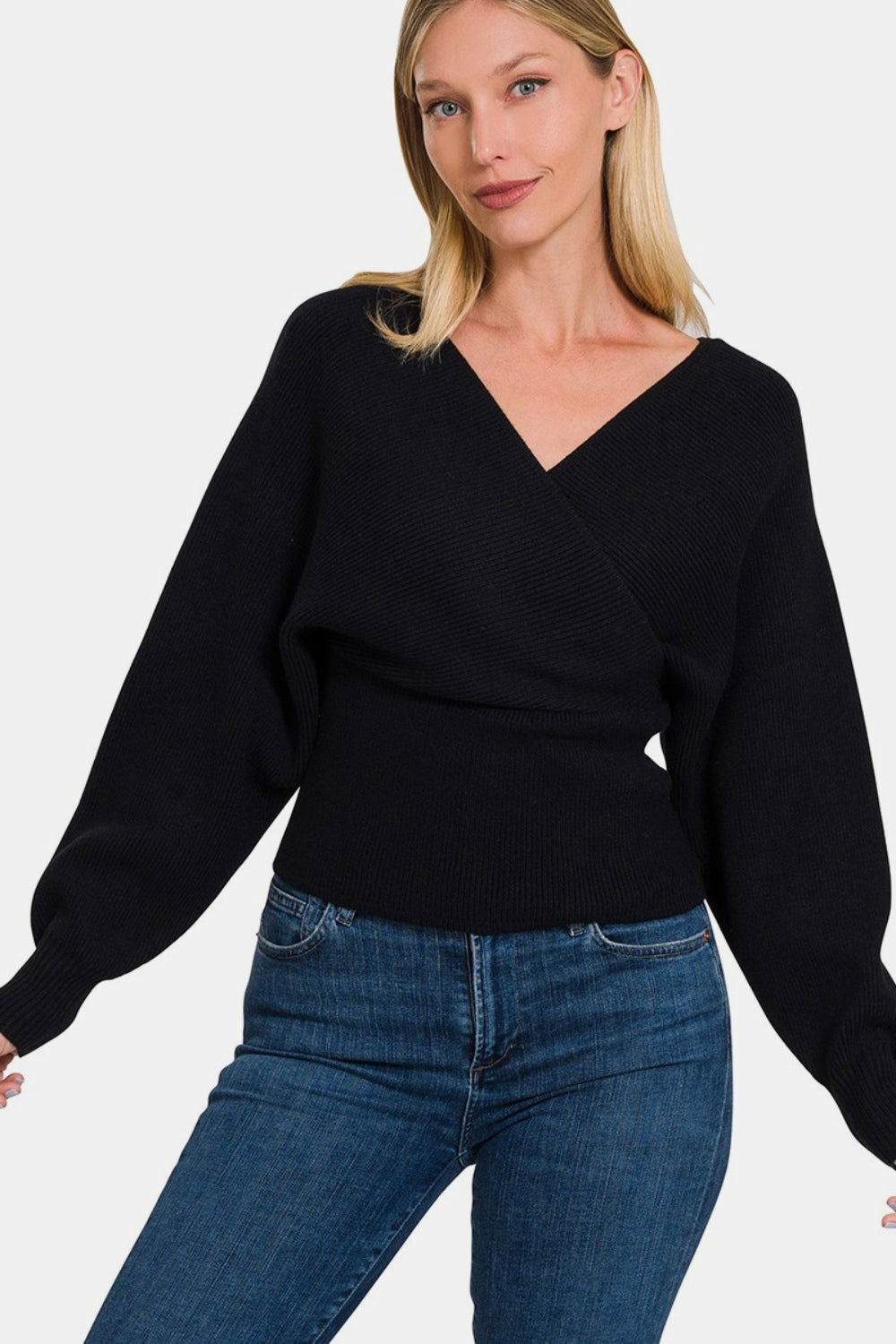 Zenana Cross Wrap Rib Long Sleeve Sweater us.meeeshop - 