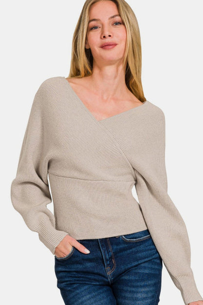 Zenana Cross Wrap Rib Long Sleeve Sweater us.meeeshop - Shirts & Tops