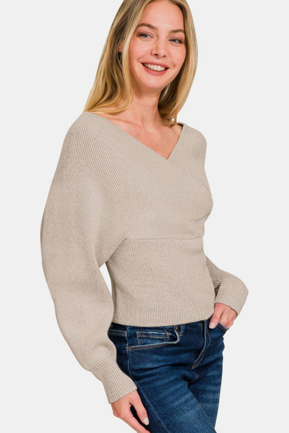 Zenana Cross Wrap Rib Long Sleeve Sweater us.meeeshop - 