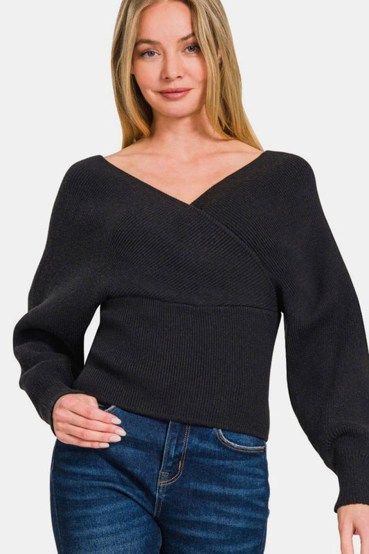 Zenana Cross Wrap Rib Long Sleeve Sweater us.meeeshop - Shirts & Tops