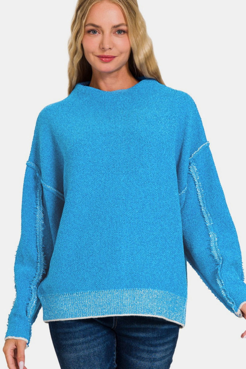 Zenana Exposed Seam Mock Neck Long Sleeve Sweater us.meeeshop - 