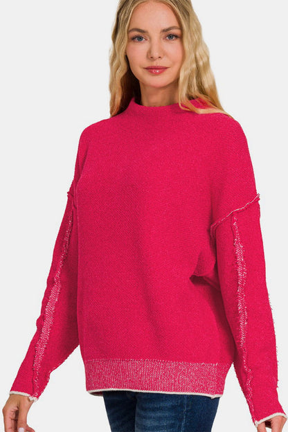 Zenana Exposed Seam Mock Neck Long Sleeve Sweater us.meeeshop - Shirts & Tops