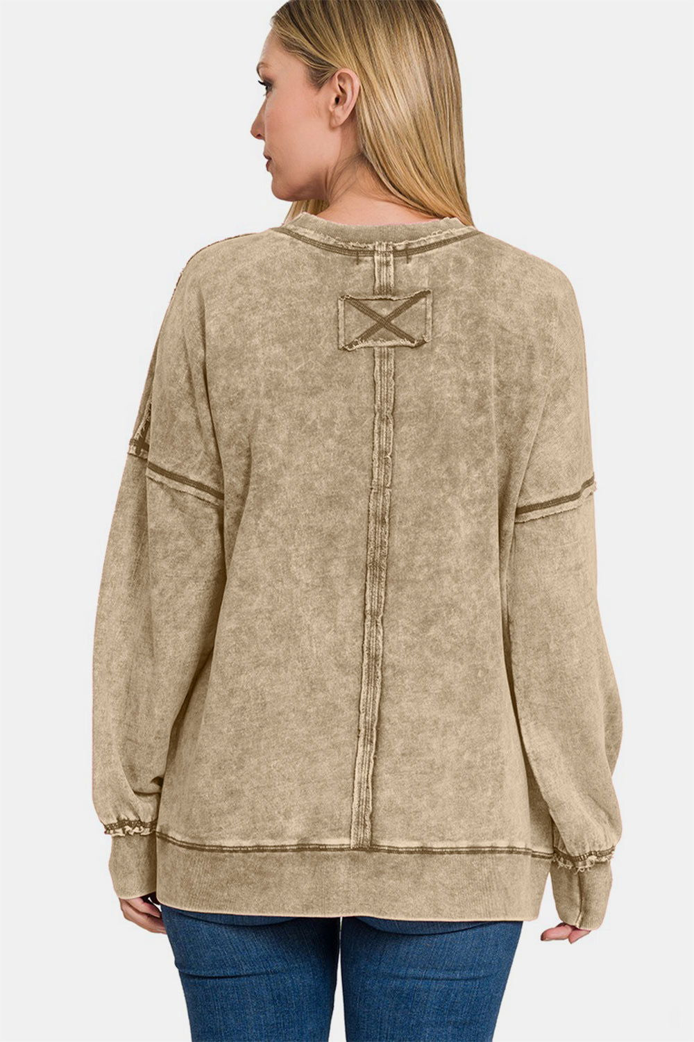 Zenana Exposed Seam Round Neck Dropped Shoulder Sweatshirt In Mocha us.meeeshop - 