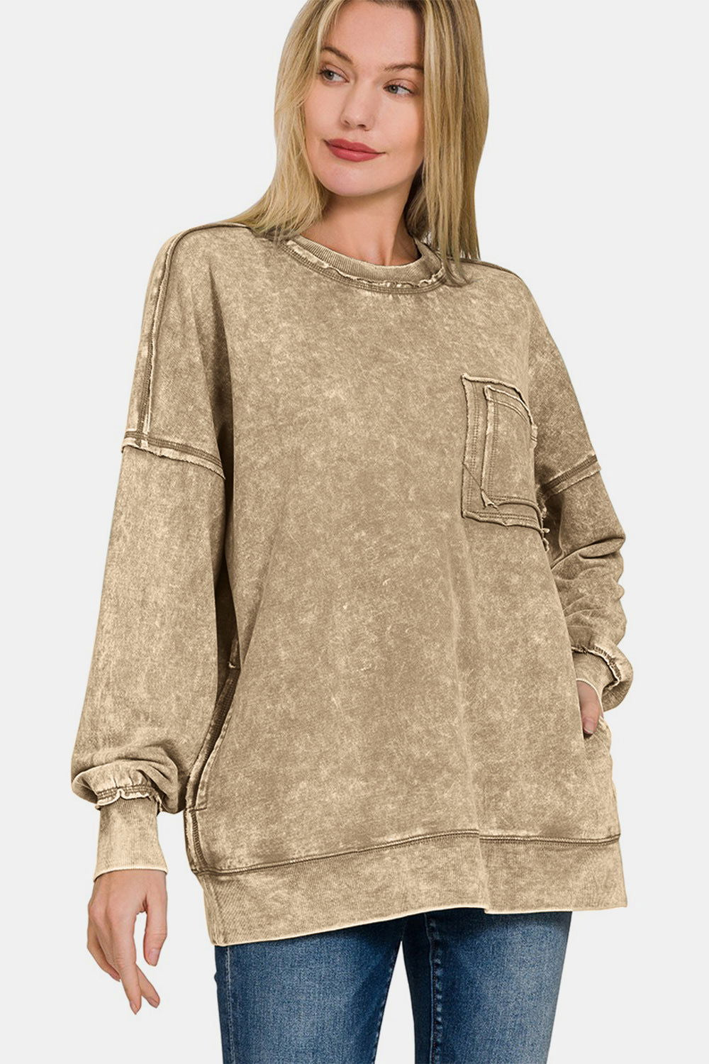 Zenana Exposed Seam Round Neck Dropped Shoulder Sweatshirt In Mocha us.meeeshop - 