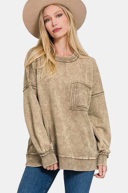 Zenana Exposed Seam Round Neck Dropped Shoulder Sweatshirt In Mocha us.meeeshop - Shirts & Tops