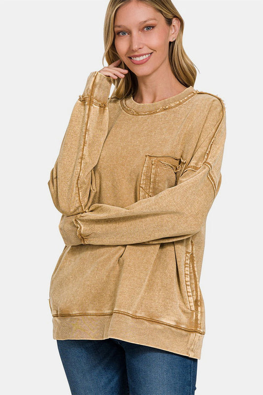 Zenana Exposed Seam Round Neck Dropped Shoulder Sweatshirt us.meeeshop - Shirts & Tops