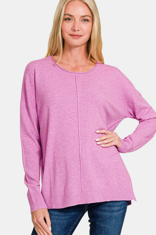 Zenana Front Seam Round Neck Mauve Sweater us.meeeshop - Shirts & Tops