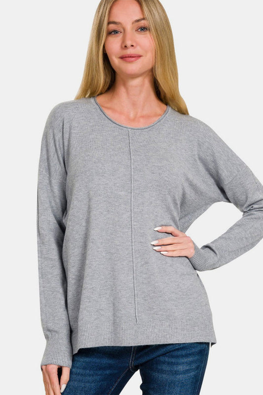 Zenana Front Seam Round Neck Sweater In Gray us.meeeshop - Shirts & Tops