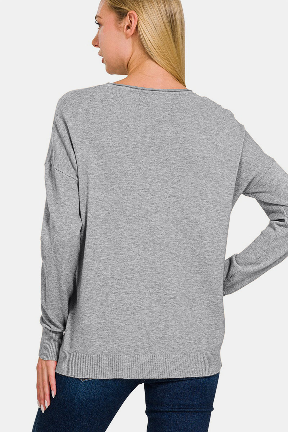 Zenana Front Seam Round Neck Sweater In Gray us.meeeshop - 