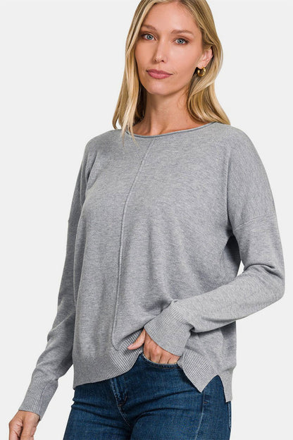 Zenana Front Seam Round Neck Sweater In Gray us.meeeshop - 