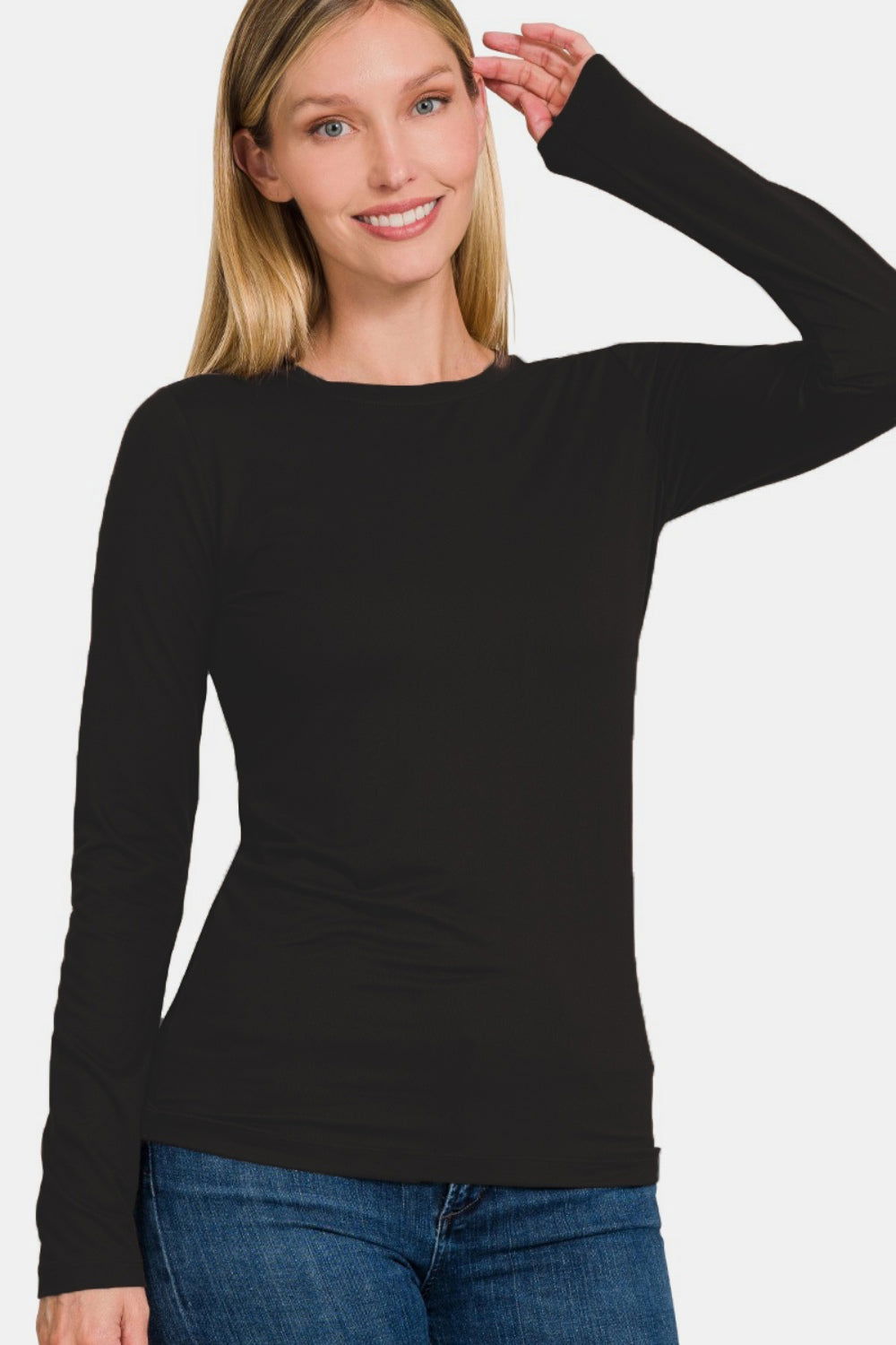 Zenana Ful Size Brushed Microfiber Long Sleeve Round Neck T-Shirt us.meeeshop - 