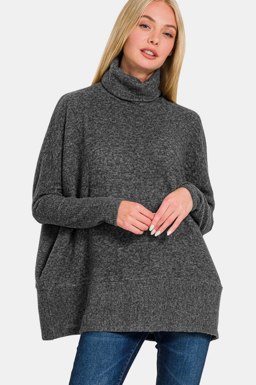 Zenana Full Size Brushed Melange Hacci Turtleneck Sweater us.meeeshop - Shirts & Tops