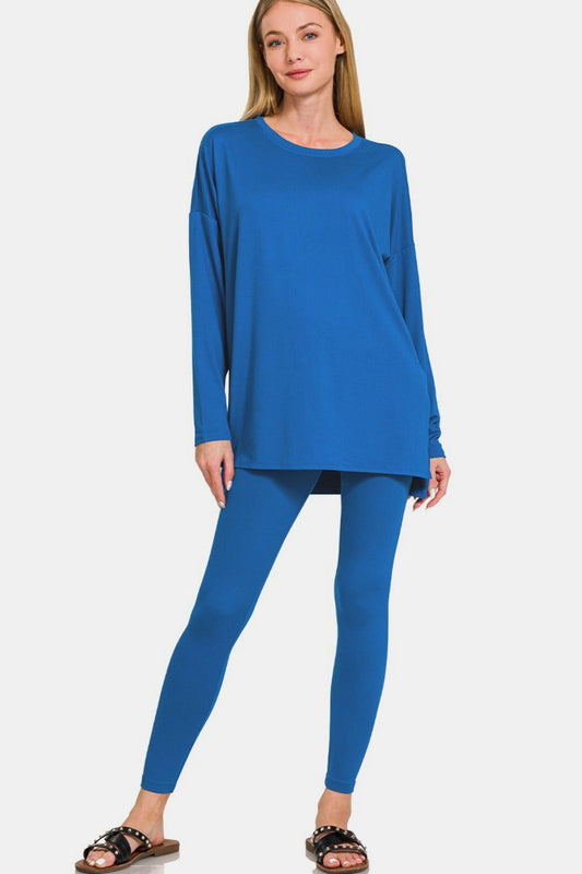 Zenana Full Size Brushed Microfiber Top and Leggings Lounge Set In Blue us.meeeshop - Outfit Sets