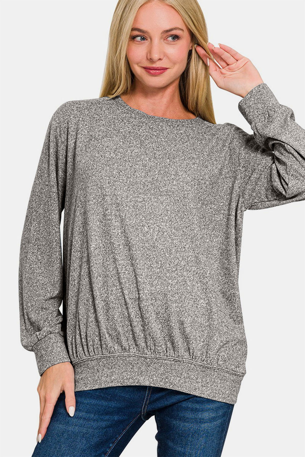 Zenana Full Size Melange Round Neck Top In Black us.meeeshop - Shirts & Tops