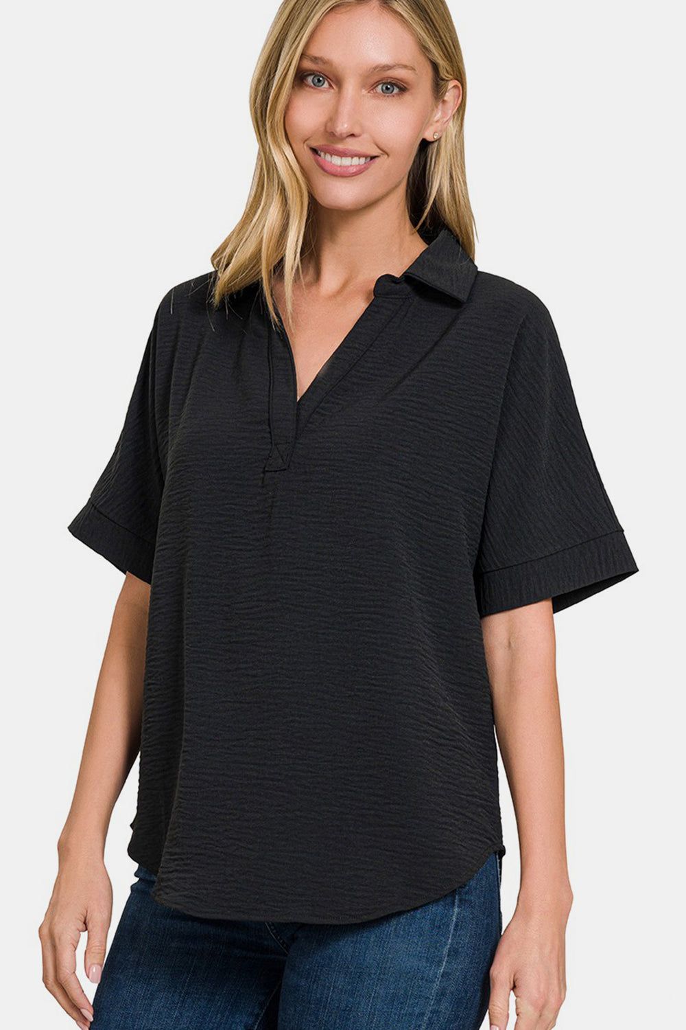 Zenana Full Size Texture Collared Neck Short Sleeve Top us.meeeshop - Shirts & Tops