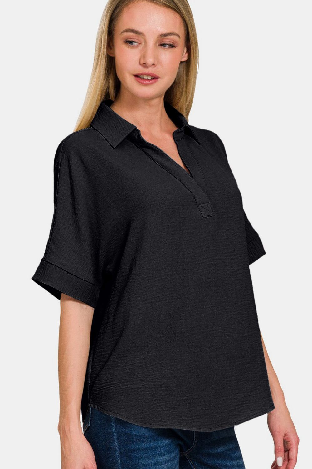 Zenana Full Size Texture Collared Neck Short Sleeve Top us.meeeshop - 