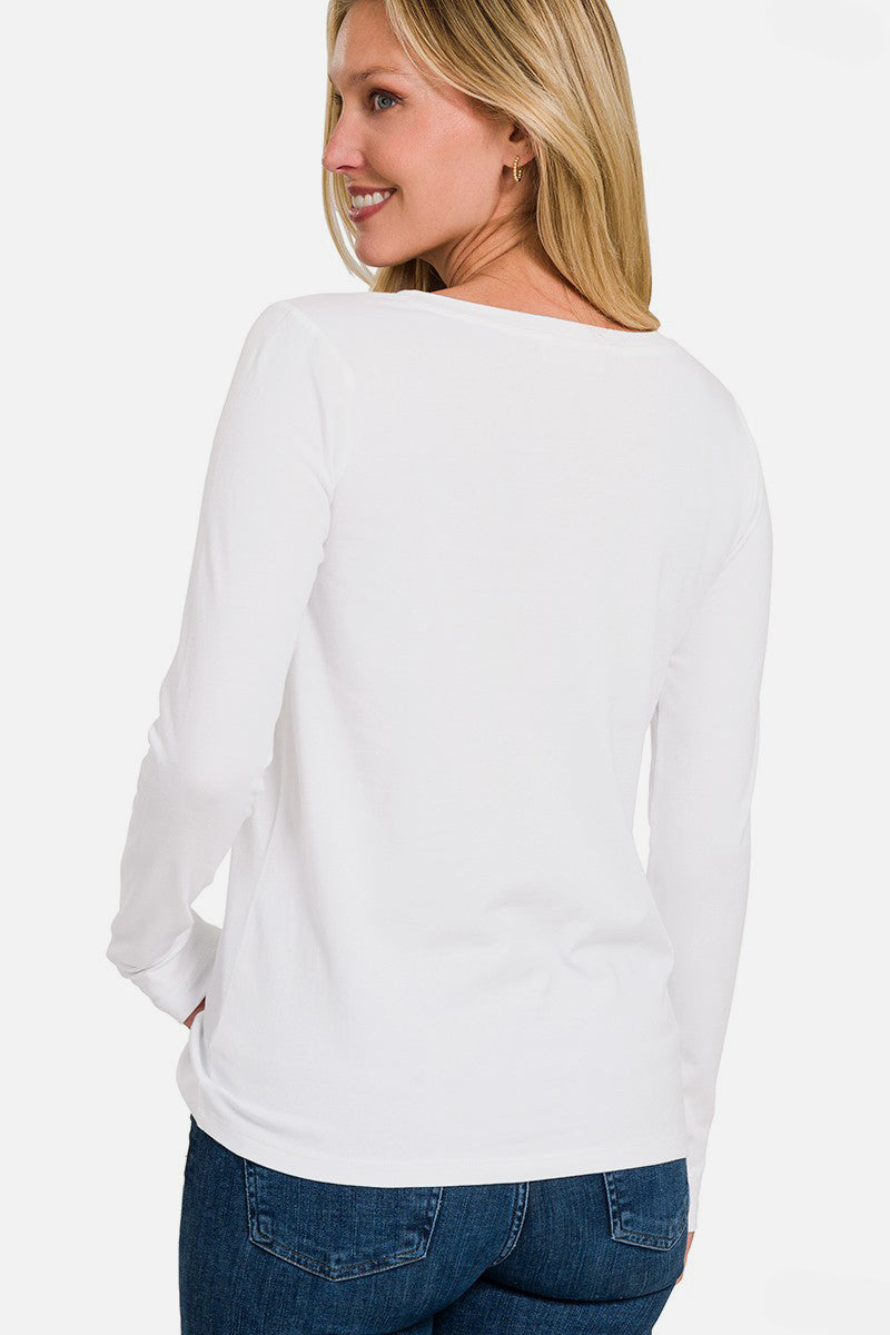 Zenana Full Size V-Neck Long Sleeve T-Shirt In White us.meeeshop - 