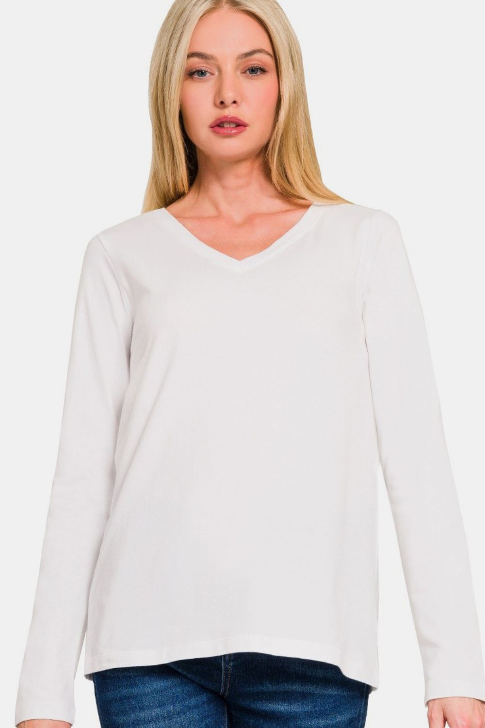 Zenana Full Size V-Neck Long Sleeve T-Shirt In White us.meeeshop - 