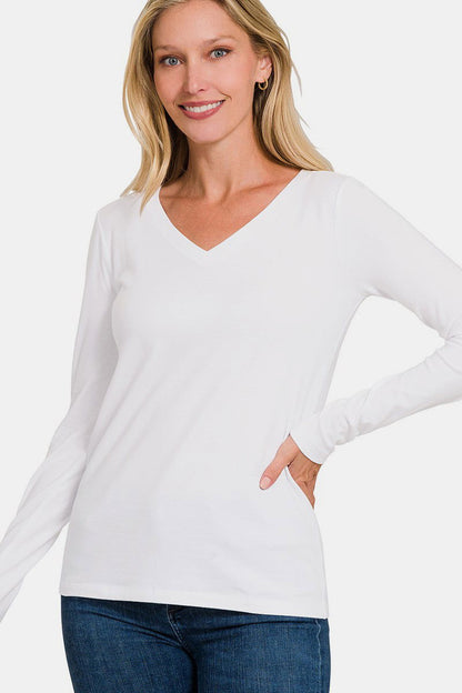 Zenana Full Size V-Neck Long Sleeve T-Shirt In White us.meeeshop - Shirts & Tops