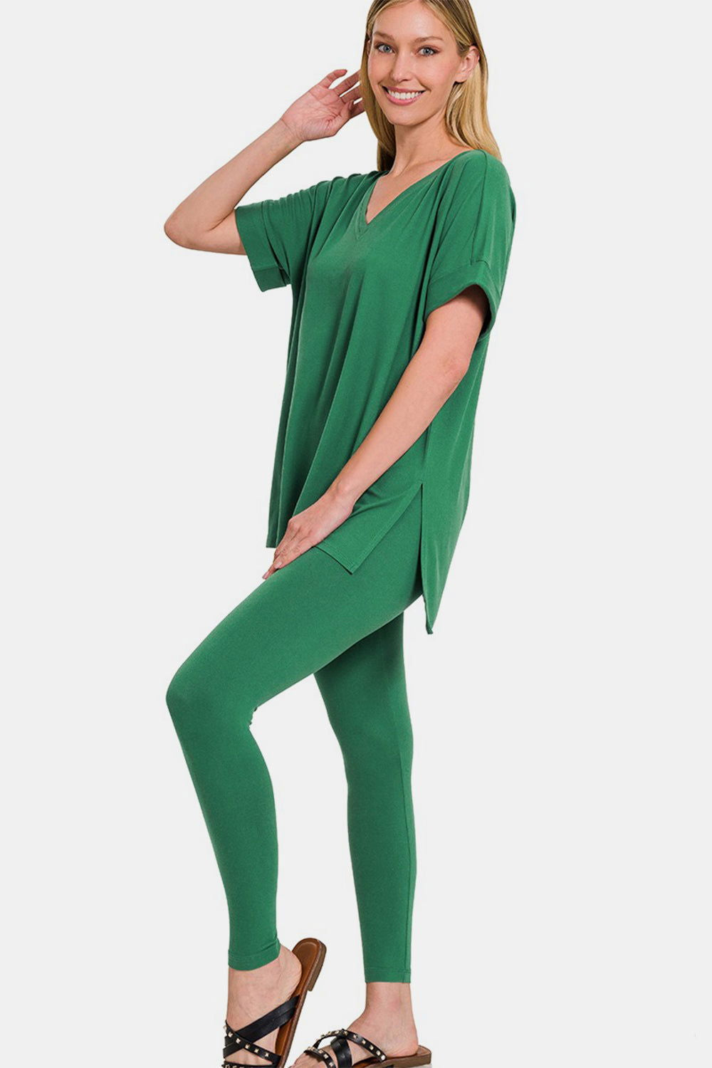 Zenana Full Size V-Neck Rolled Short Sleeve T-Shirt and Leggings Lounge Set us.meeeshop - Loungewear