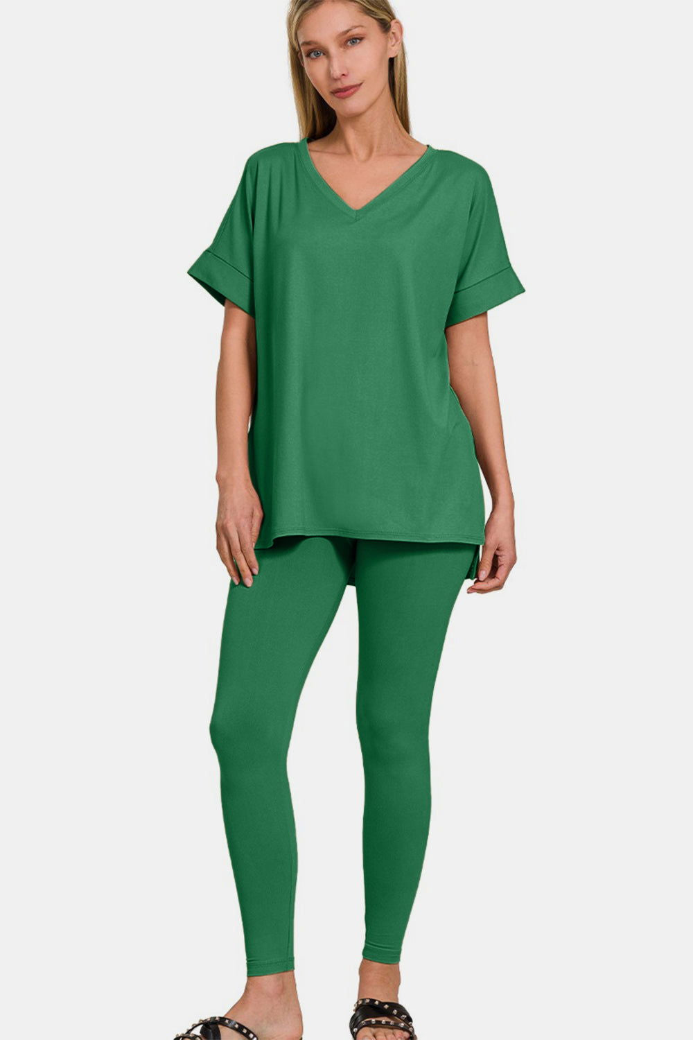 Zenana Full Size V-Neck Rolled Short Sleeve T-Shirt and Leggings Lounge Set us.meeeshop - 