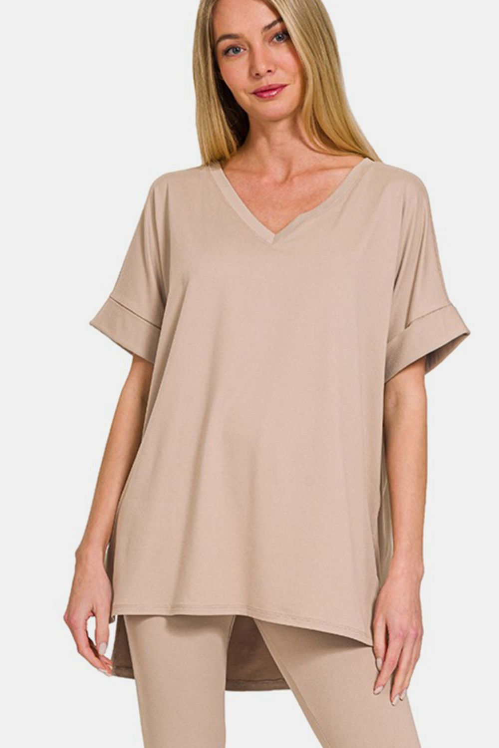 Zenana Full Size V-Neck Rolled Short Sleeve T-Shirt and Leggings Lounge Set us.meeeshop - 