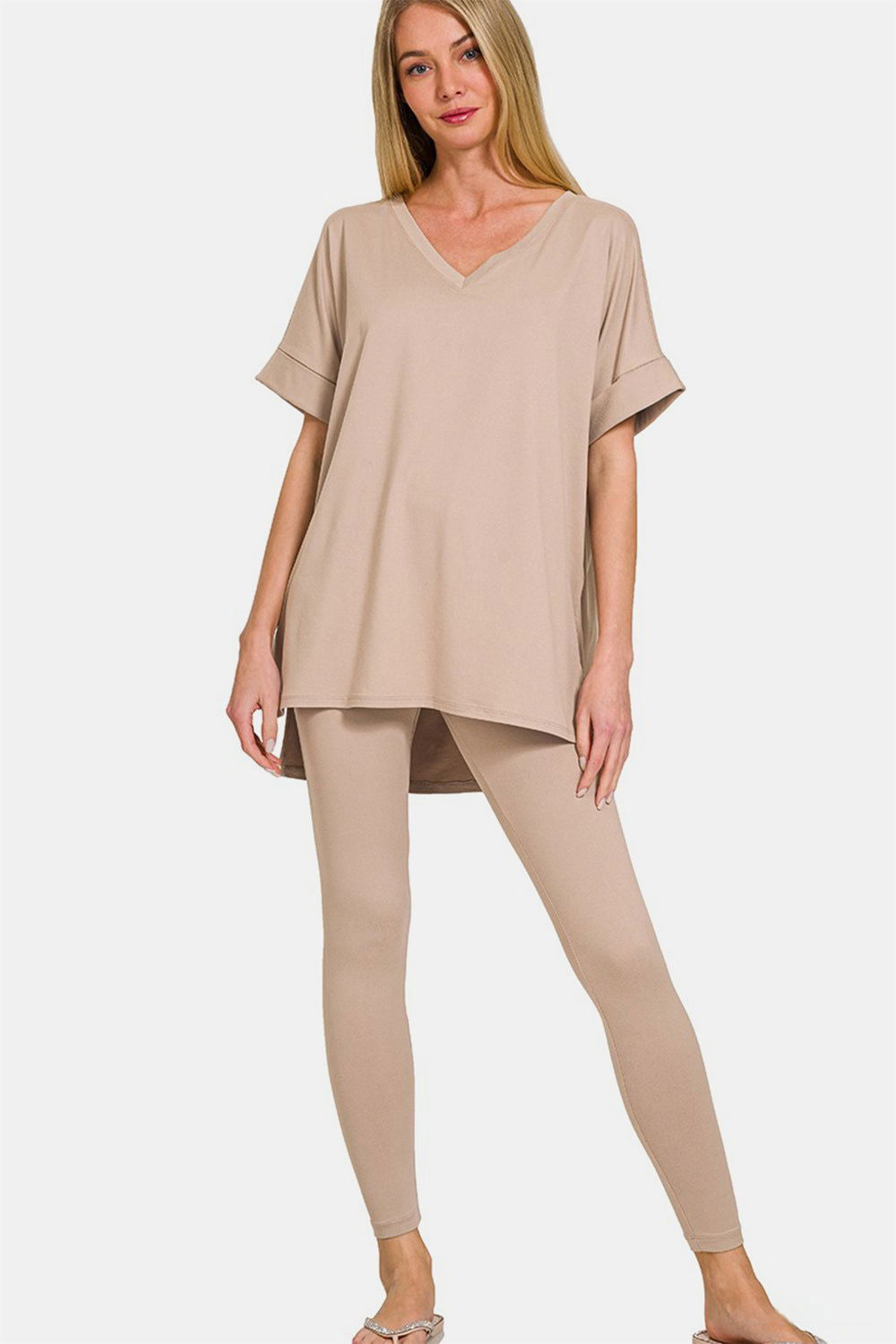 Zenana Full Size V-Neck Rolled Short Sleeve T-Shirt and Leggings Lounge Set us.meeeshop - Loungewear