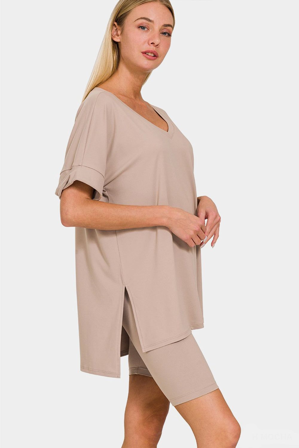 Zenana Full Size V-Neck Short Sleeve Slit T-Shirt and Shorts Set us.meeeshop - Outfit Sets