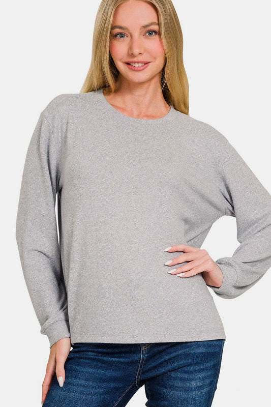 Zenana Hacci Round Neck Long Sleeve Gray T-Shirt us.meeeshop - Shirts & Tops