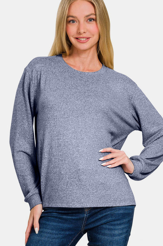 Zenana Hacci Round Neck Long Sleeve T-Shirt us.meeeshop - Shirts & Tops