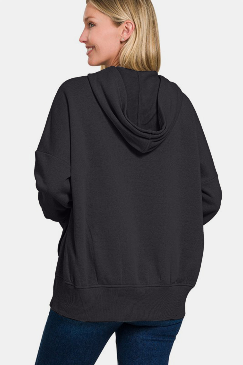 Zenana Half Snap Long Sleeve Hoodie with Kangaroo Pocket - Black us.meeeshop - 