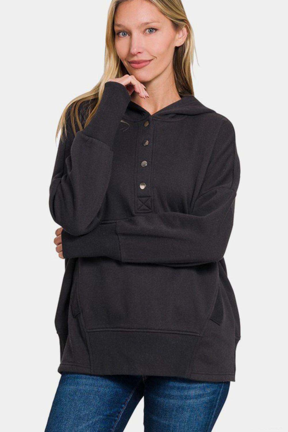 Zenana Half Snap Long Sleeve Hoodie with Kangaroo Pocket - Black us.meeeshop - 